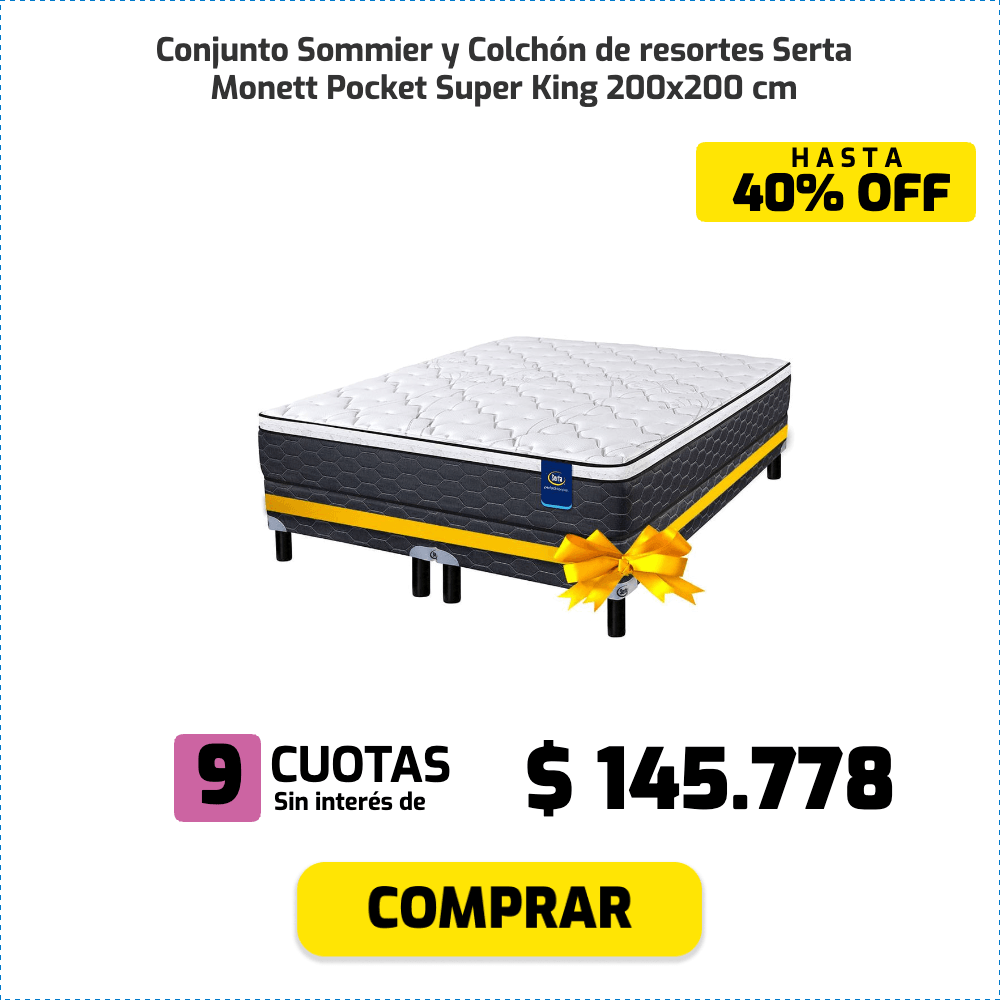 Conjunto Sommier y Colchón de resortes Serta Monett Pocket Super King 200x200 cm HASTA 40% OFF 9 CUOTAS Sin interés de $145.778 COMPRAR